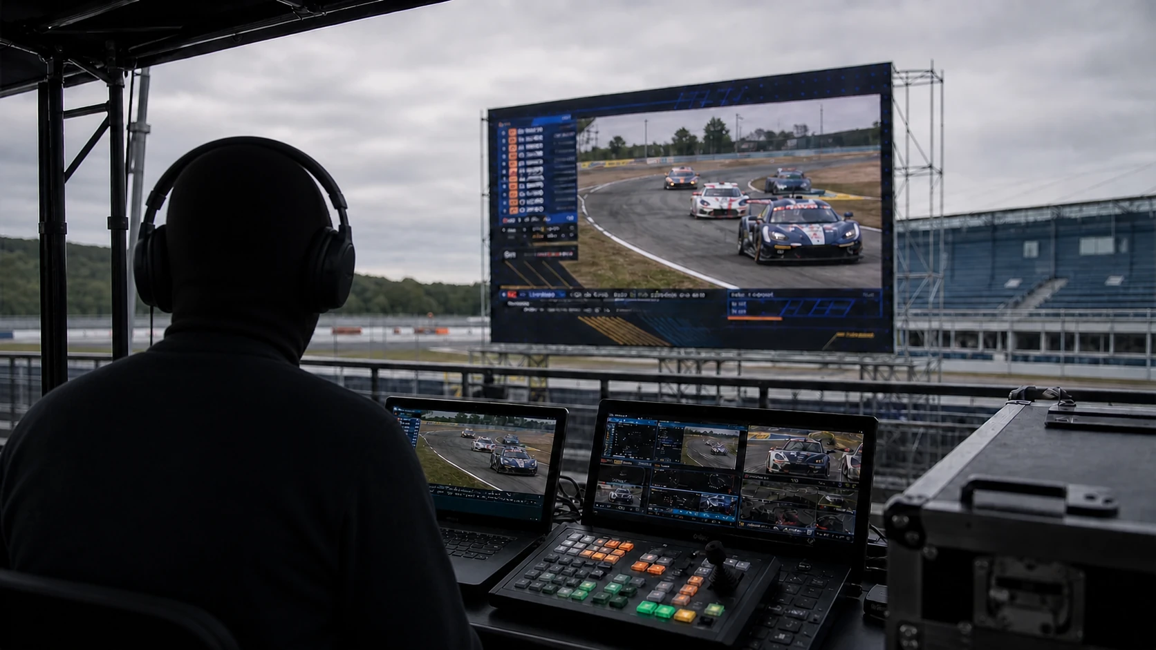 Illustration promotionnelle d’un technicien générique vu de dos devant un écran de course d’endurance avec habillages graphiques