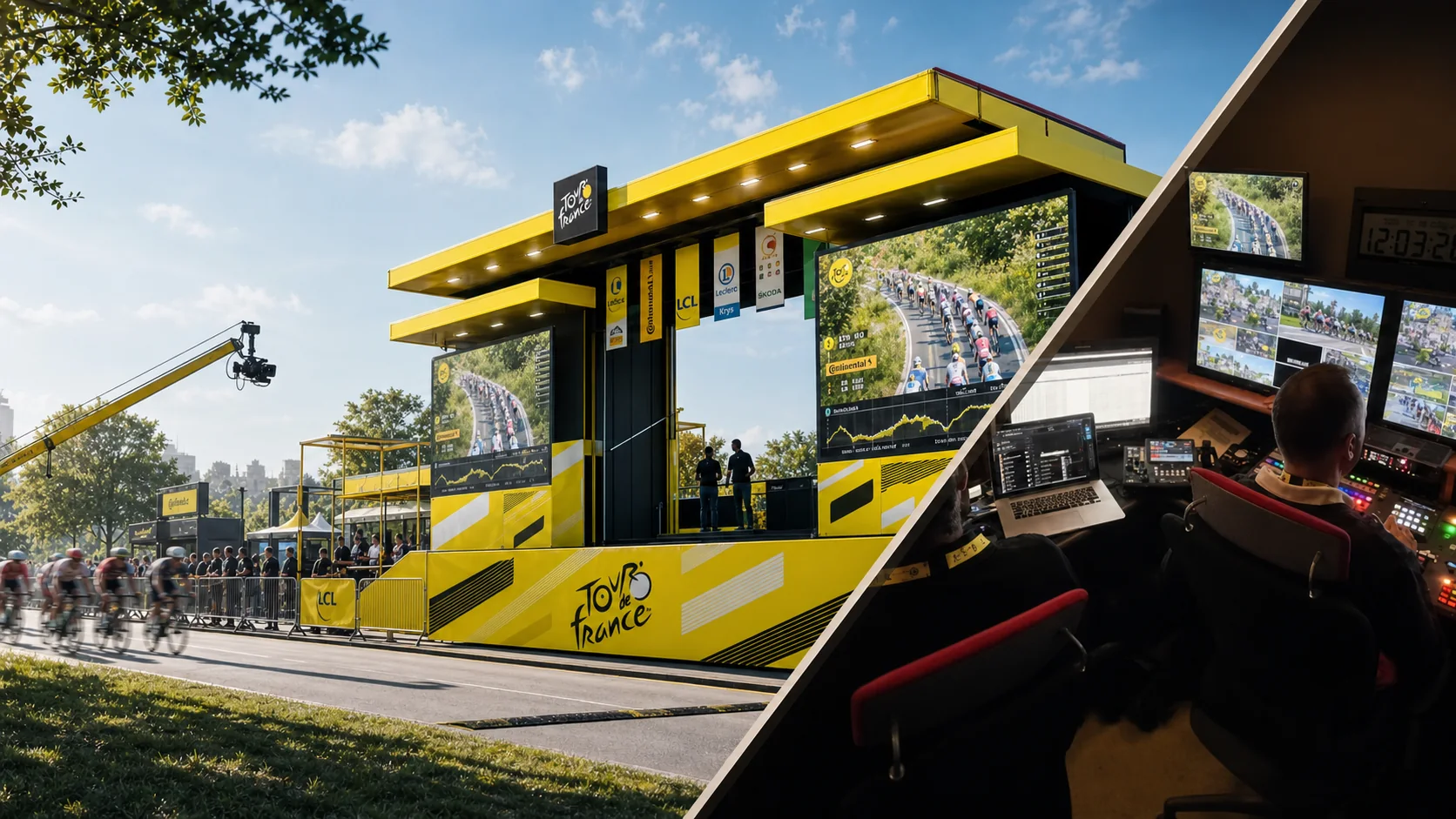 Illustration promotionnelle d’un dispositif jaune du Tour de France et de sa régie audiovisuelle