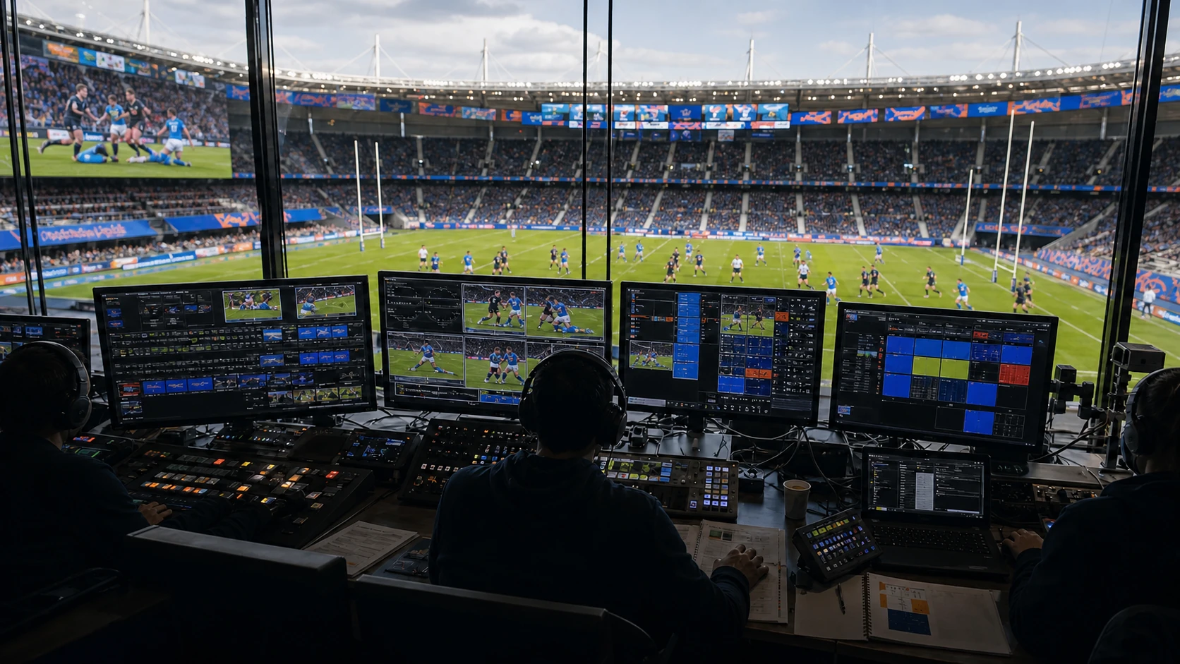 Illustration promotionnelle d’une régie audiovisuelle montrant des rugbymen en action sur le terrain et sur les écrans de diffusion