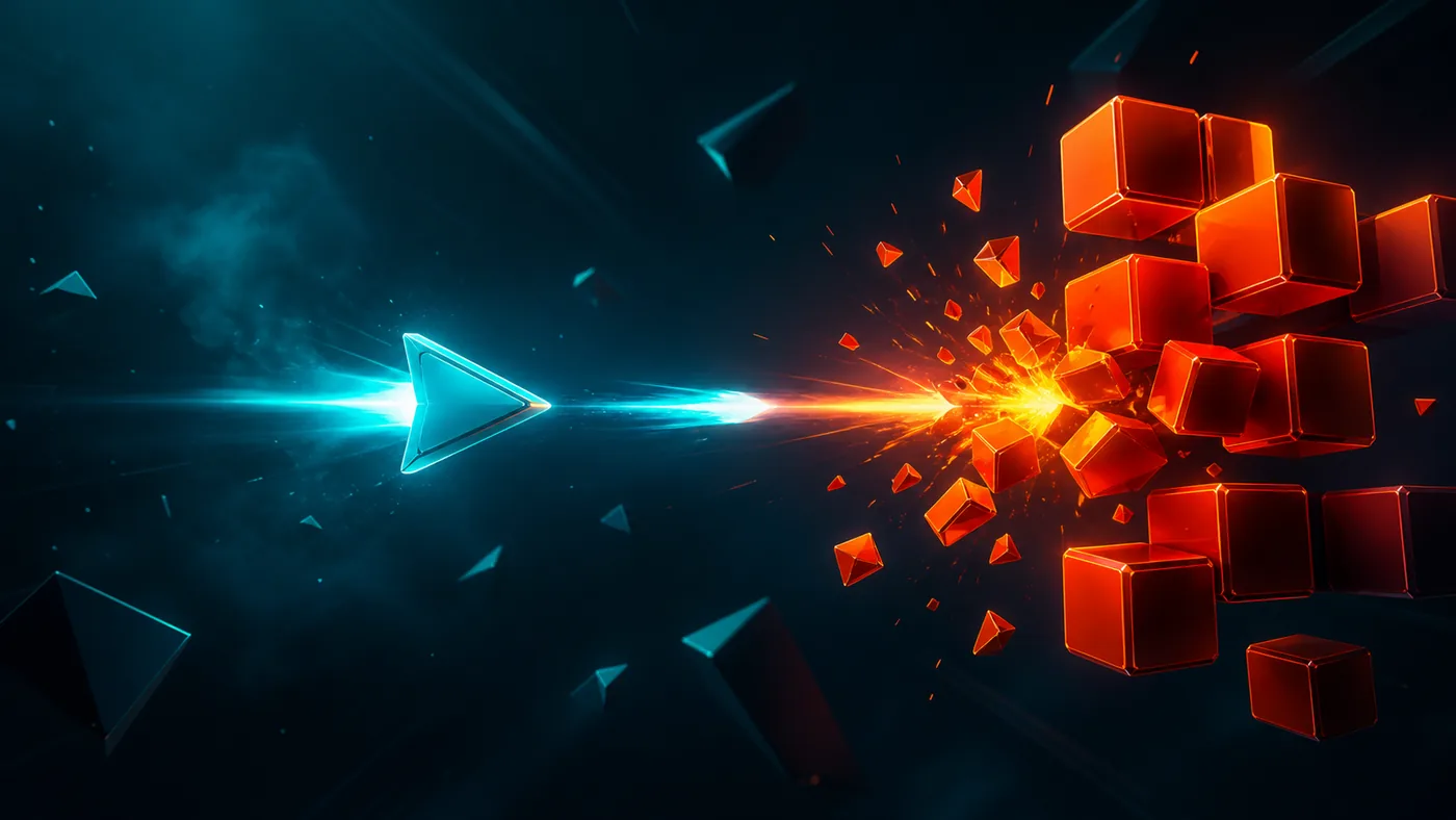 Illustration promotionnelle de StarBricks montrant un vaisseau triangulaire cyan brisant un mur de blocs lumineux