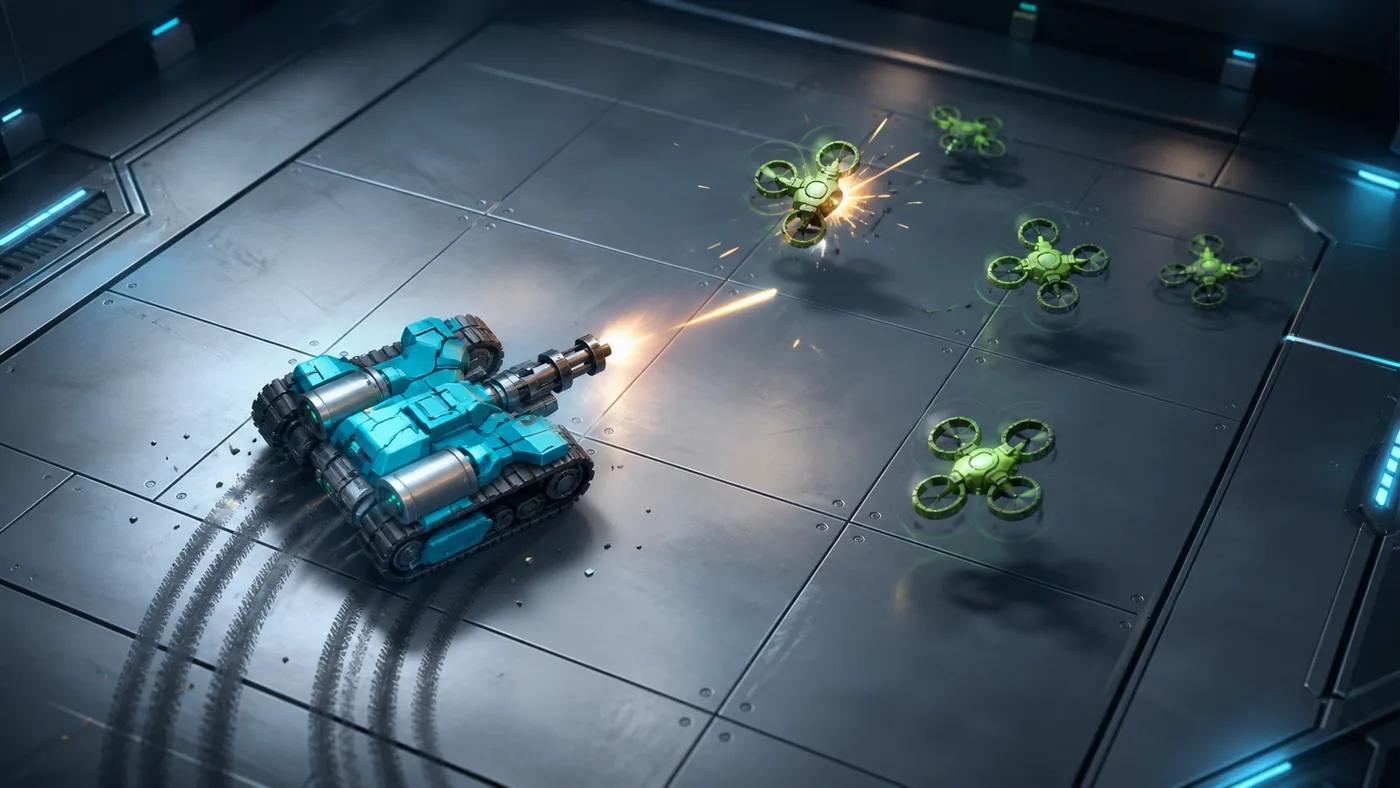 Illustration promotionnelle de TankMaster montrant un véhicule chenillé cyan face à des drones dans une arène industrielle
